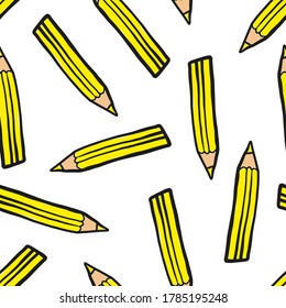 Yellow wooden sketch pencils isolated on white background. Cute baby seamless pattern. Vector flat graphic hand drawn illustration. Texture.