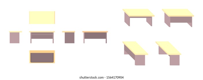 yellow wooden table from different angles isometric