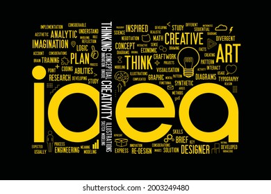 The yellow word "idea" at letter D has been partially replaced by white creative words group. Flat minimal style words cloud with illustration about creativity. For presentation. Vector illustration.