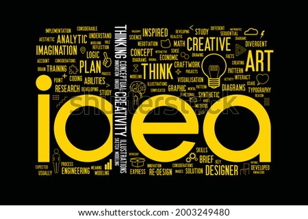The yellow word "idea" at letter D has been partially replaced by white creative words group. Flat minimal style words cloud with illustration about creativity. For presentation. Vector illustration.