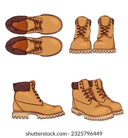 Gelbe Arbeitstiefel. Vektorset mit Illustrationen von Cartoon Shoes