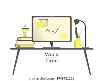 Yellow work place interior with desktop computer