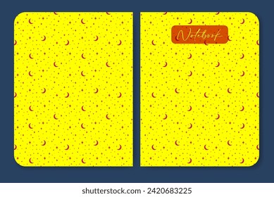 Yellow workbook, childish notebook cover design. Cover page with starry sky design.
