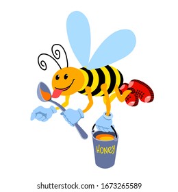 yellow worker bee flies with a spoon & a bucket of honey, a funny character with a smile & red shoes, color vector illustration isolated on a white background in cartoon, flat & hand drawn style