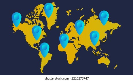 yellow world map and blue pin on dark blue background. vector.