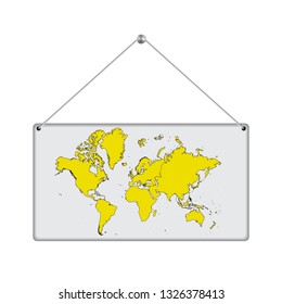 Yellow world map on the hanging board. Vector White Background. Vector illustration eps10.