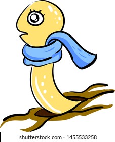 Yellow worm with scarf, illustration, vector on white background.