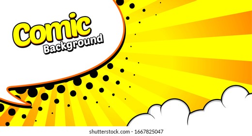 Yellow Wow pop art cloud bubble. Funny speech bubble. Trendy Colorful retro vintage background in pop art retro comic style. Illustration easy editable