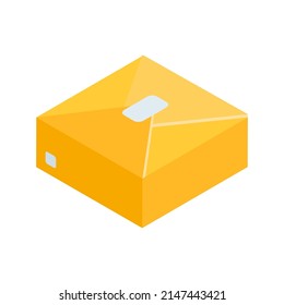 Icono isométrico Icono de 3d ilustración vectorial de la entrega de paquetes envueltos de color amarillo en la caja de cartón. Regalo minimalista regalo regalo paquete de compra de artículos, envío de compras diseño de papel de contenedor aislado