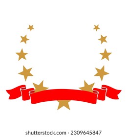 Yellow wreath icon made of stars with red ribbon vector illustration. Winner award silhouette, trophy, gold certificate or birthday congratulation for ceremony isolated on white