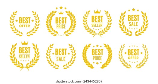 Yellow wreath icon set for sale. Best seller, offer and price. Template for awards, badges, quality marks and certificates. Vector EPS10