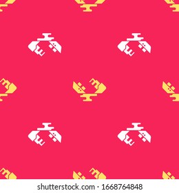 Yellow Wrecked oil tanker ship icon isolated seamless pattern on red background. Oil spill accident. Crash tanker. Pollution Environment concept.  Vector Illustration
