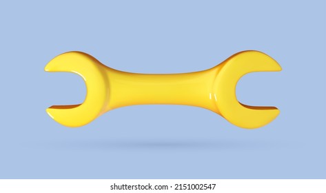 Yellow wrench icon in cartoon 3d style isolated on blue background. Vector illustration plastic volumetric wrench.