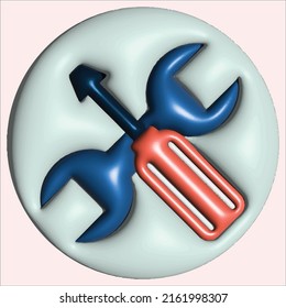 Yellow wrench icon in cartoon 3d style isolated on white background. Vector illustration plastic volumetric wrench.