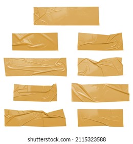 Yellow wrinkled adhesive tape isolated on white background. Yellow Sticky scotch tape of different sizes.  Vector illustration.