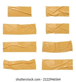 Yellow wrinkled adhesive tape isolated on white background. Yellow Sticky scotch tape of different sizes.  Vector illustration.