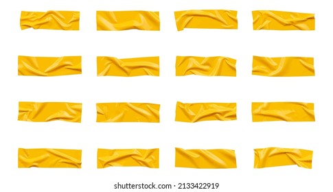 Yellow wrinkled adhesive tape isolated on white background. Yellow Sticky scotch tape of different sizes.  Vector illustration.