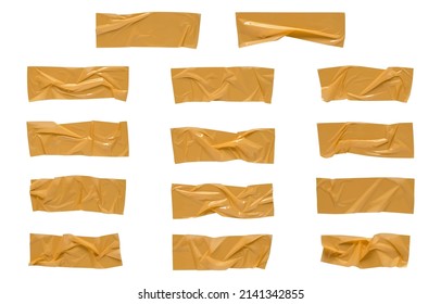 Yellow wrinkled adhesive tape isolated on white background. Yellow Sticky scotch tape of different sizes.  Vector illustration.