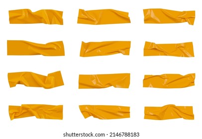 Yellow wrinkled adhesive tape isolated on white background. Yellow Sticky scotch tape of different sizes.  Vector illustration.