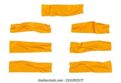 Yellow wrinkled adhesive tape isolated on white background. Yellow Sticky scotch tape of different sizes.  Vector illustration.