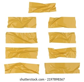 Yellow wrinkled adhesive tape isolated on white background. Yellow Sticky scotch tape of different sizes.