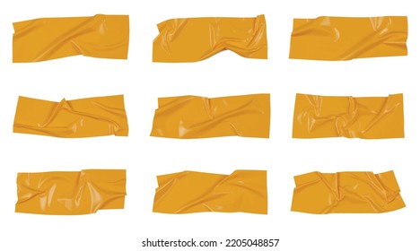 Yellow wrinkled adhesive tape isolated on white background. Yellow Sticky scotch tape of different sizes. Vector illustration.