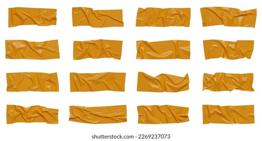 Yellow wrinkled adhesive tape isolated on white background. Yellow Sticky scotch tape of different sizes.  Vector illustration.