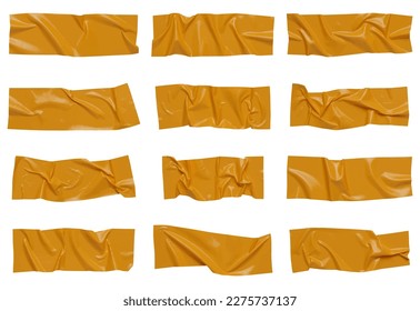 Yellow wrinkled adhesive tape isolated on white background. Yellow Sticky scotch tape of different sizes.  Vector illustration.