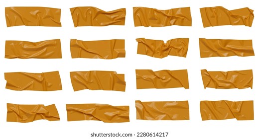 Yellow wrinkled adhesive tape isolated on white background. Yellow Sticky scotch tape of different sizes.  Vector illustration.