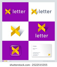 Yellow X monogram. Letter X consists of crossing strips - 3D imitation. Identity, using colors, business card and app icon.