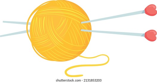 Yellow yarn ball with knitting needles. Hand craft icon isolated on white background