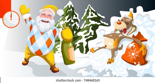 Yellow - Year ! santa with dog. New Year's card. a festive screensaver. Christmas poster. an invitation to a banquet. Year - dogs.