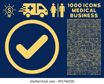 Yellow Yes vector rounded icon. Image style is a flat icon symbol inside a circle, blue background. Bonus set is 1000 medical business symbols.