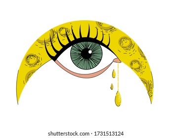 Yellow young moon with craters and huge green eye. Psychedelic cartoon art. Vector stock illustration in cartoon style. 