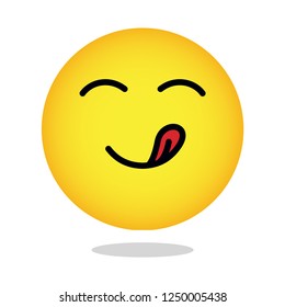 Yellow yummy smiley emoticon hungry face. Emoji with mouth and tongue gourmet enjoying taste vector