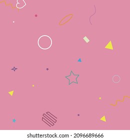 Yellow Zigzag Pink Circle Blue Hearts Oval Geometrical Design. Polygonal Violet Bright Sweet Green Pastel Stars Illustration. Purple Simple Wave Red Square Rectangle Ring Hipster Background.