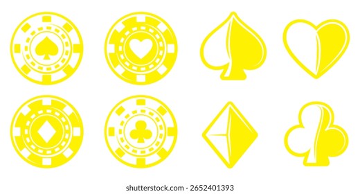 As fichas de poker em estilo amarelo-e-branco e suas variedades apresentam os símbolos clássicos de corações, espadas, diamantes e paus em um fundo branco limpo.