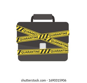 Yellow-black barricade tape with quarantine word wrapped around a briefcase. Stay home, coronavirus self-isolation concept. Flat vector illustration, isolated on white background.