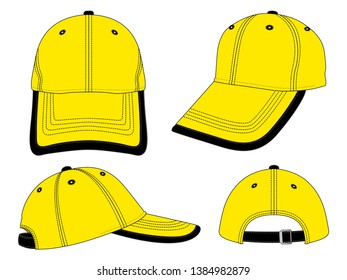 Yellow-Black Baseball Cap with Black Binding Trim Visor, Adjustable Metal Buckle Design on White Background, Vector File.