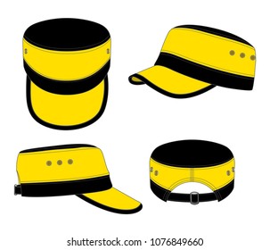 Yellow-Black Military Cadet Cap With Slide Buckle Strap Design On White Background
