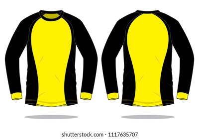 Yellow-Black Raglan Long sleeve T-Shirt Design on White Background.Front and Back View, Vector File