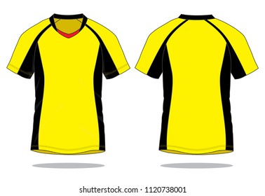 Yellow-Black Raglan Soccer Jersey Shirt Design On White Background.
Front And Back View, Vector File.