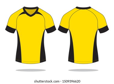 Yellow-Black Raglan Soccer Jersey Shirt Design On White Background.Front And Back View, Vector File.
