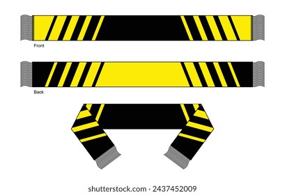 Yellow-Black Soccer Fans Scarf Design On White Background.Front and Back View, Vector File.