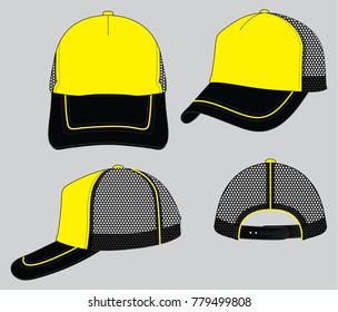 Yellow-Black Trucker Cap With Mesh At Side and Back, Yellow Line Piping, Adjustable Snap Back Closure Strap Design on Gray Background.