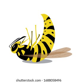 Yellow-black wasp is died. Dangerous insect is killed by pest-control services. Colored vector illustration with character in flat style on white background