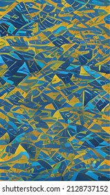 yellow-blue abstract geometric ornament, unusual figure, composition, texture, pattern with elements of spiral swirls. A blank design for a postcard, booklet, album, collage, poster or advertisement.