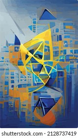 yellow-blue abstract geometric ornament, unusual figure, composition, texture, pattern with elements of spiral swirls. A blank design for a postcard, booklet, album, collage, poster or advertisement.