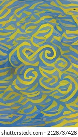 yellow-blue abstract geometric ornament, unusual figure, composition, texture, pattern with elements of spiral swirls. A blank design for a postcard, booklet, album, collage, poster or advertisement.