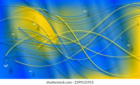 Yellow-blue abstract wallpaper with 3D effect. Intertwining wavy lines and transparent drops against the background of mixing colors. Vector.